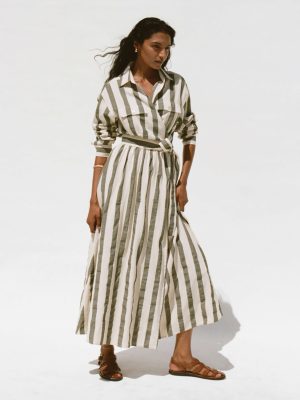Cotton Linen Julia Wrap Dress - Pine Bay Stripe