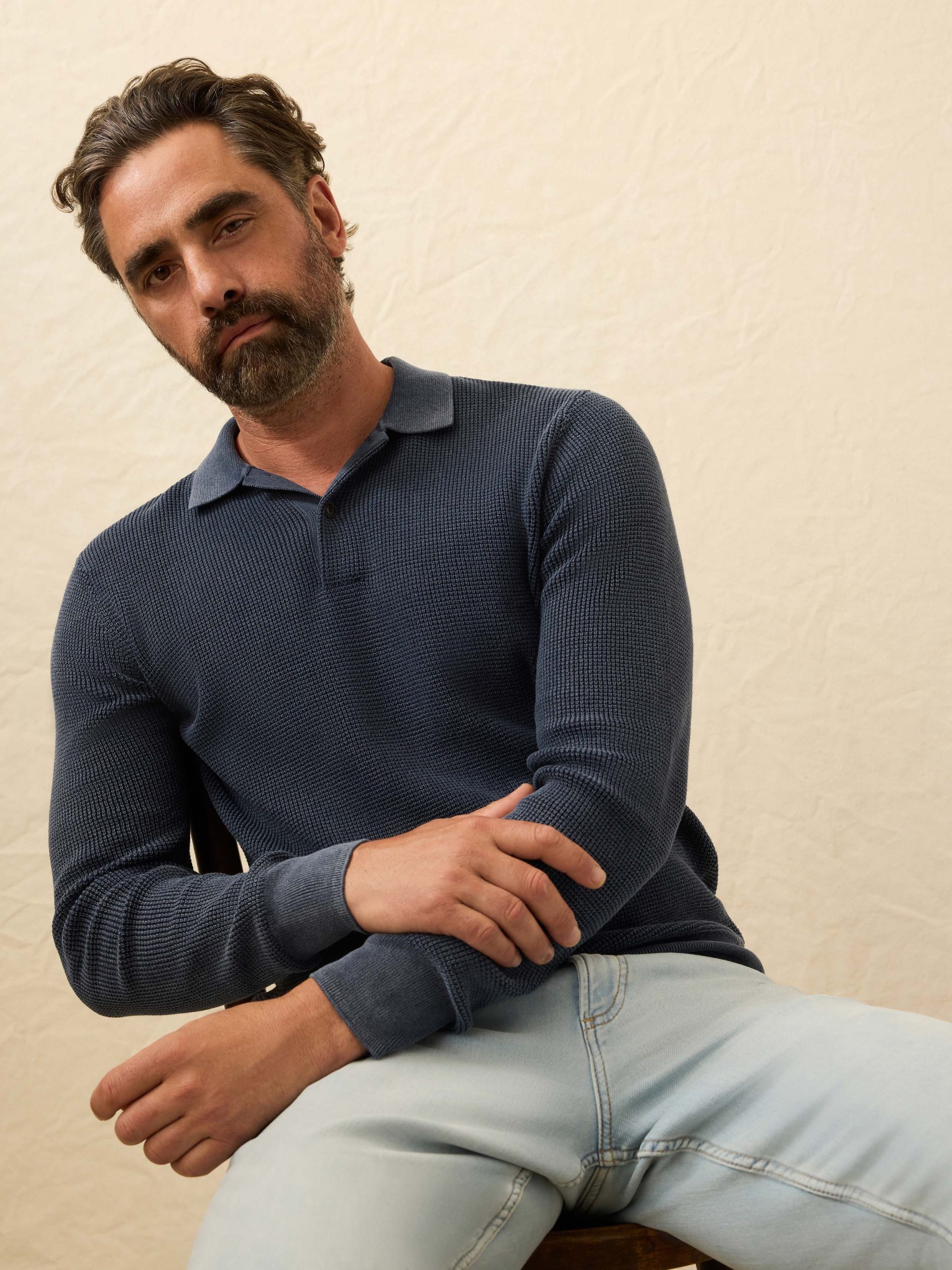 Long-Sleeve Sunwashed Sweater Polo - Blue Nights - Image 4