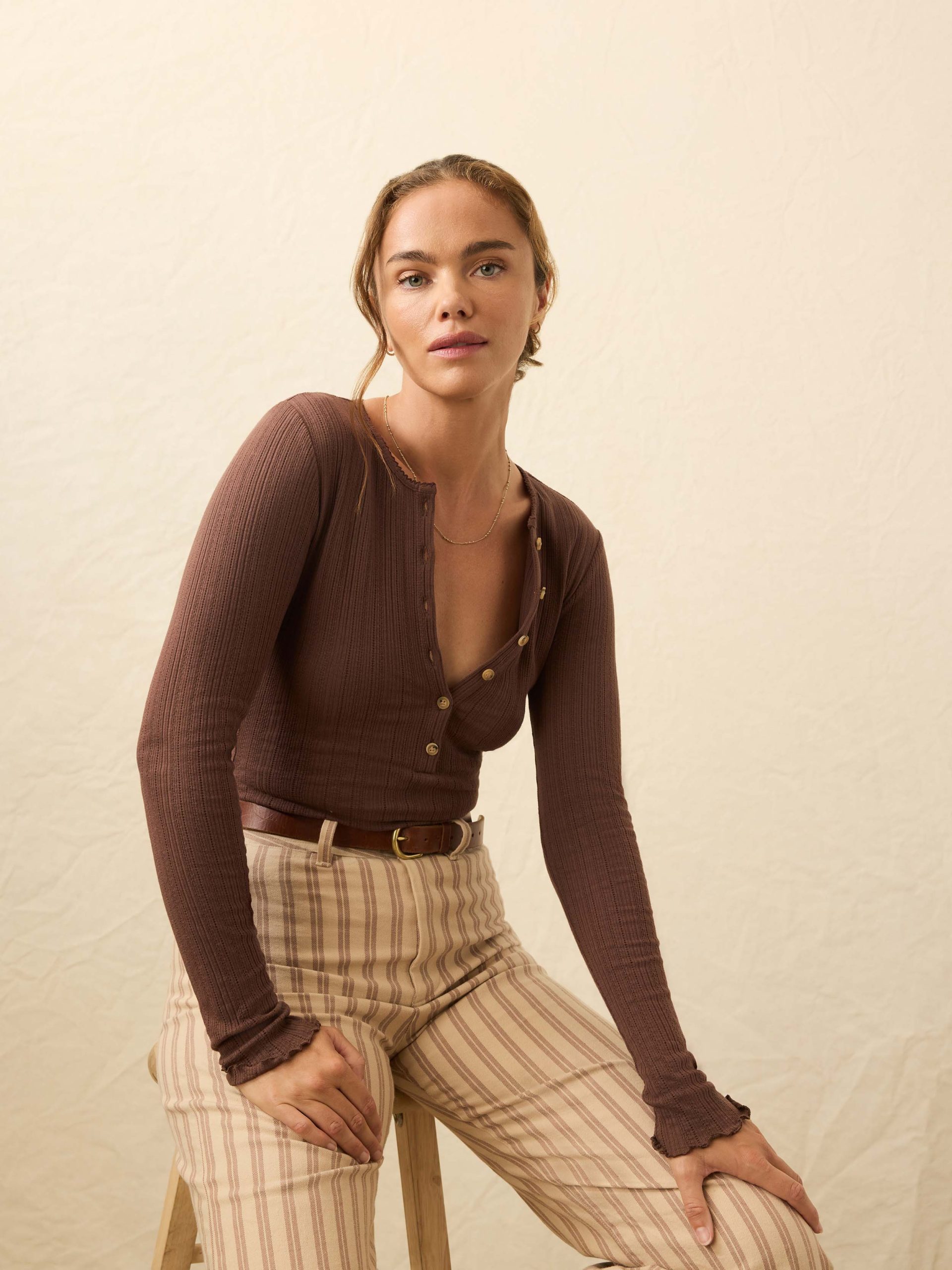 Paradise Pointelle Henley - Chocolate Brown - Image 3
