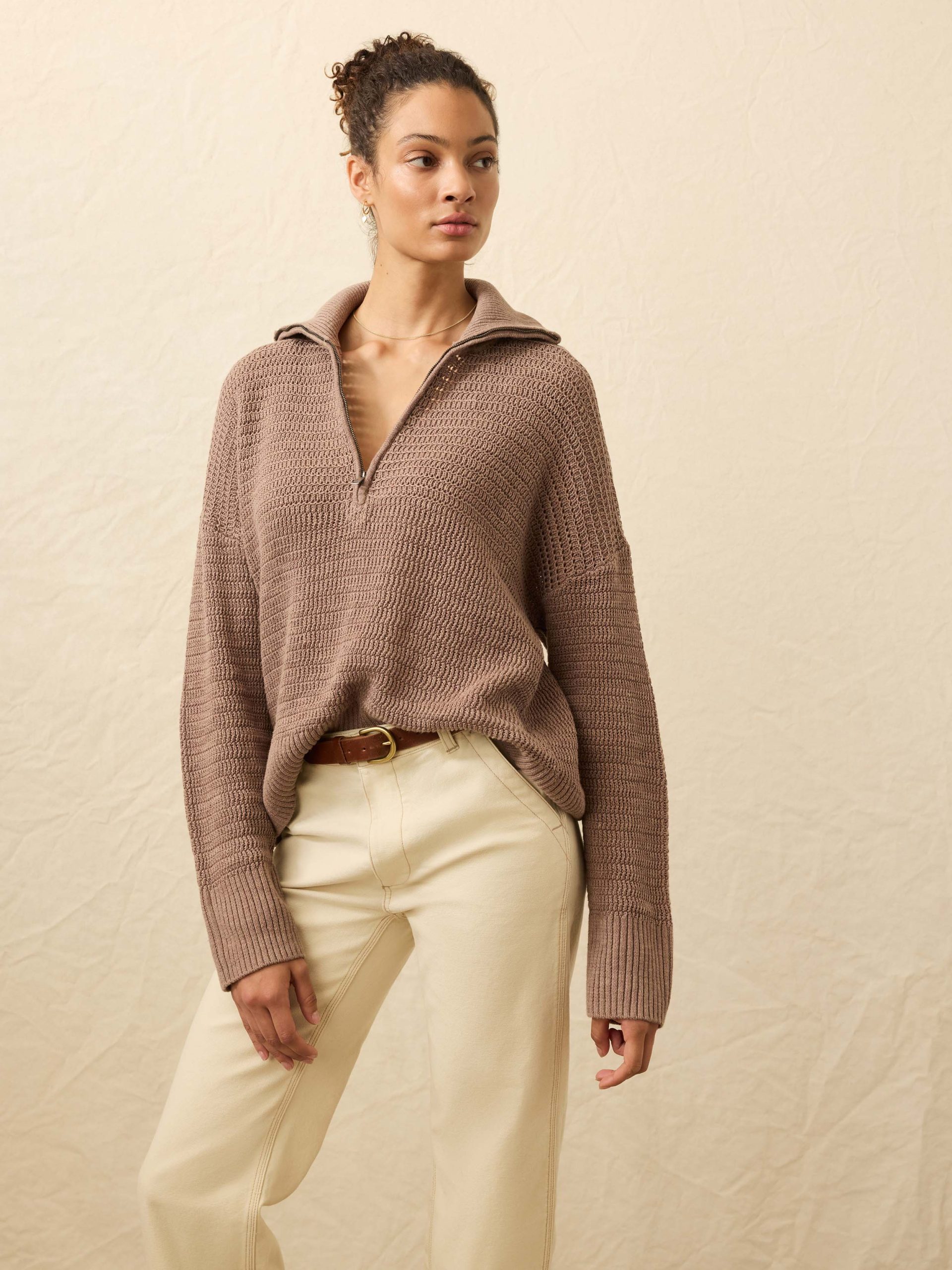 Miramar Linen Quarter Zip - Wood Smoke - Image 2