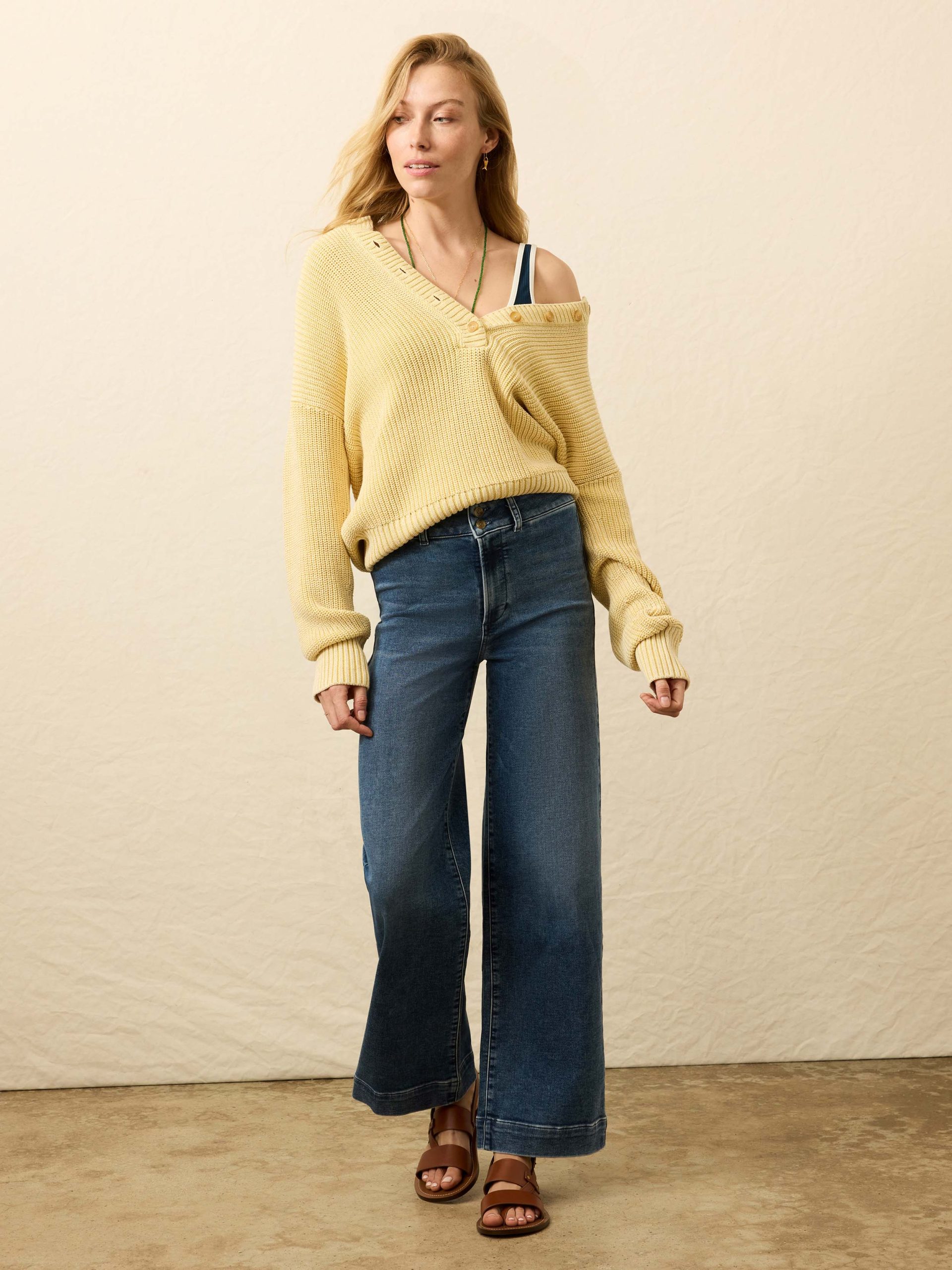 Sunwashed Cotton Fisherman Henley - Lemon Sorbet - Image 2