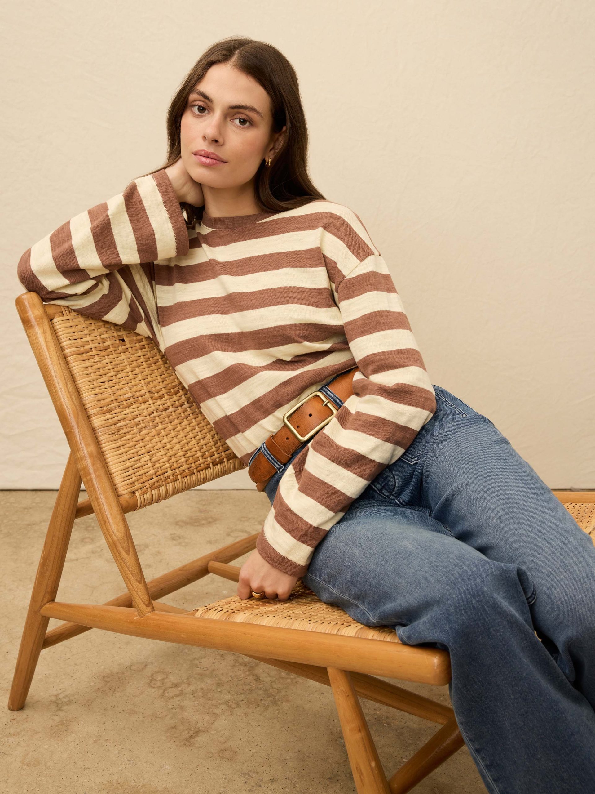 Sunwashed Slub Long-Sleeve Retro Tee - Nutmeg Stripe
