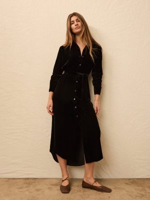 Stretch Silk Velvet Riley Midi Dress - Black