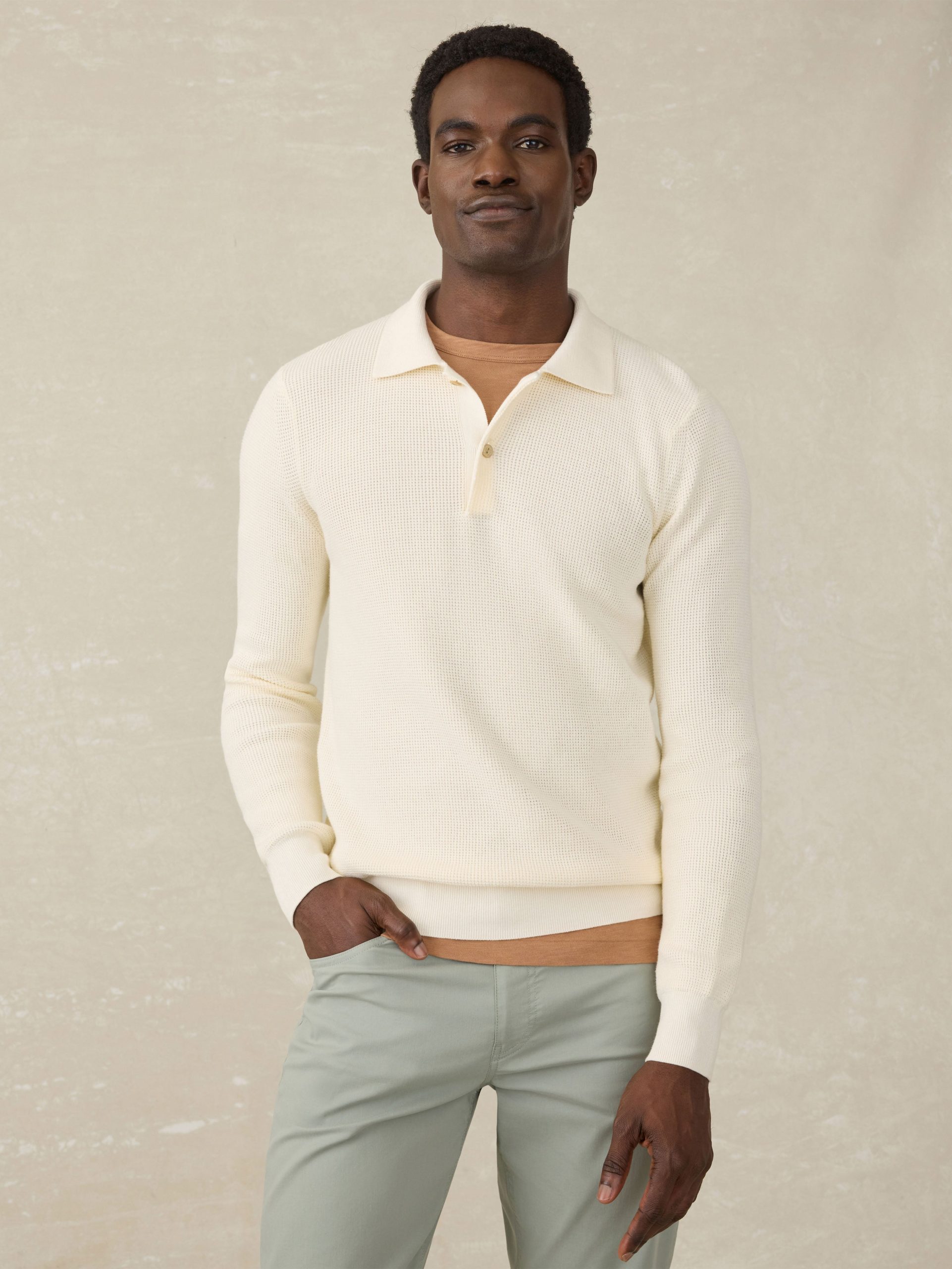 Long-Sleeve Sunwashed Sweater Polo - White Shell - Image 4