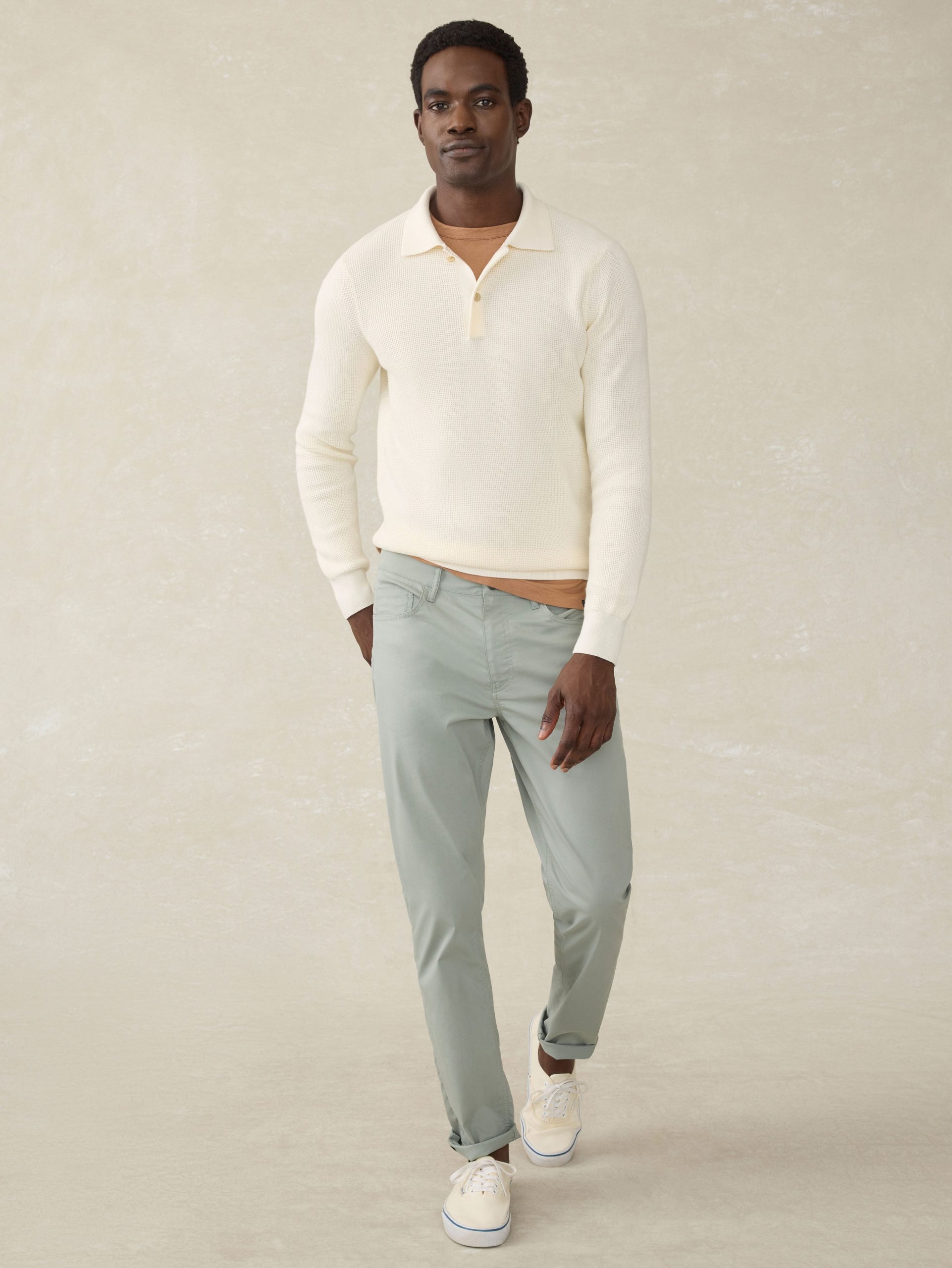 Long-Sleeve Sunwashed Sweater Polo - White Shell - Image 3