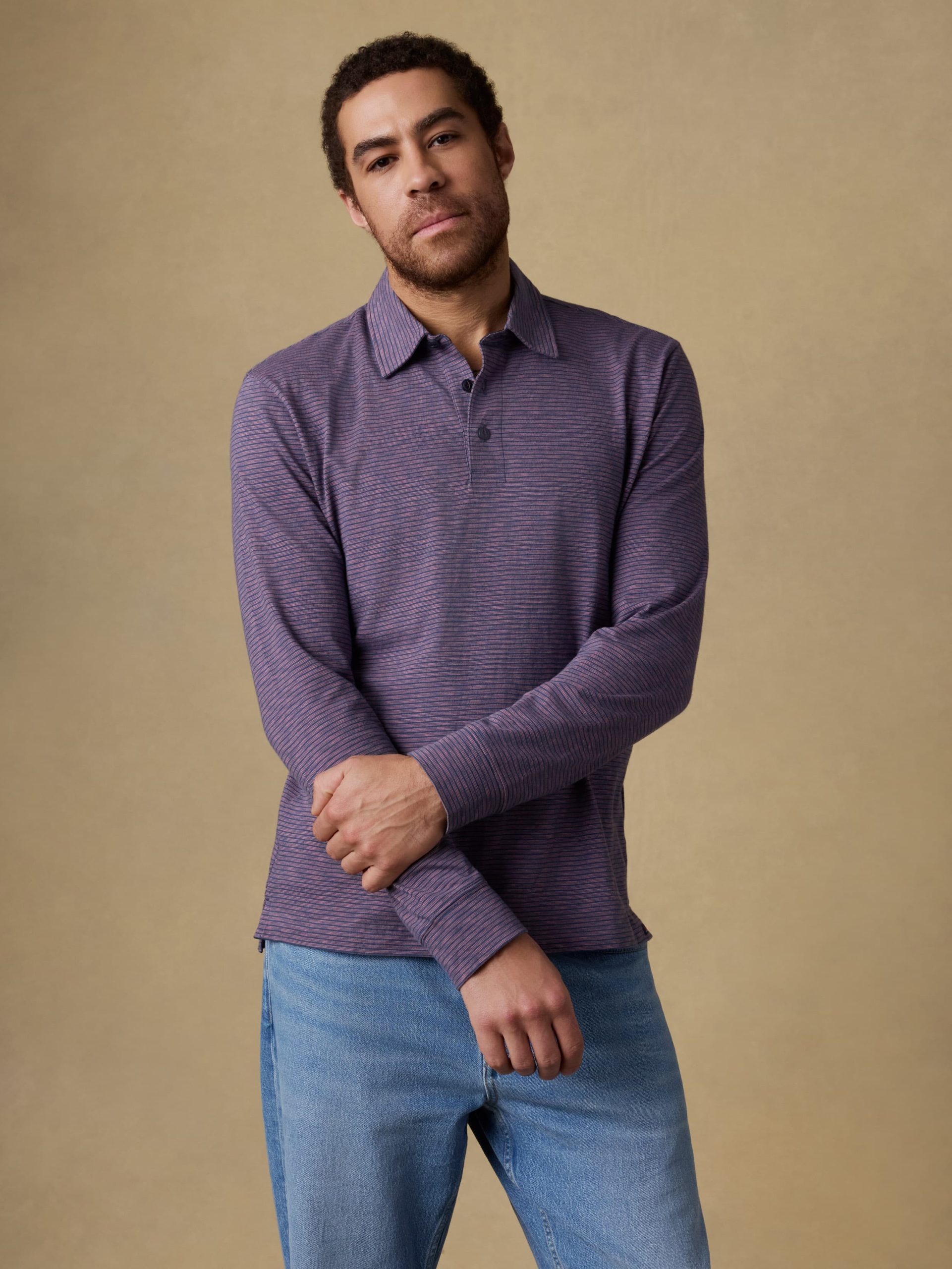 Long-Sleeve Sunwashed T-Shirt Polo - Dune Stripe Nightfall - Image 4