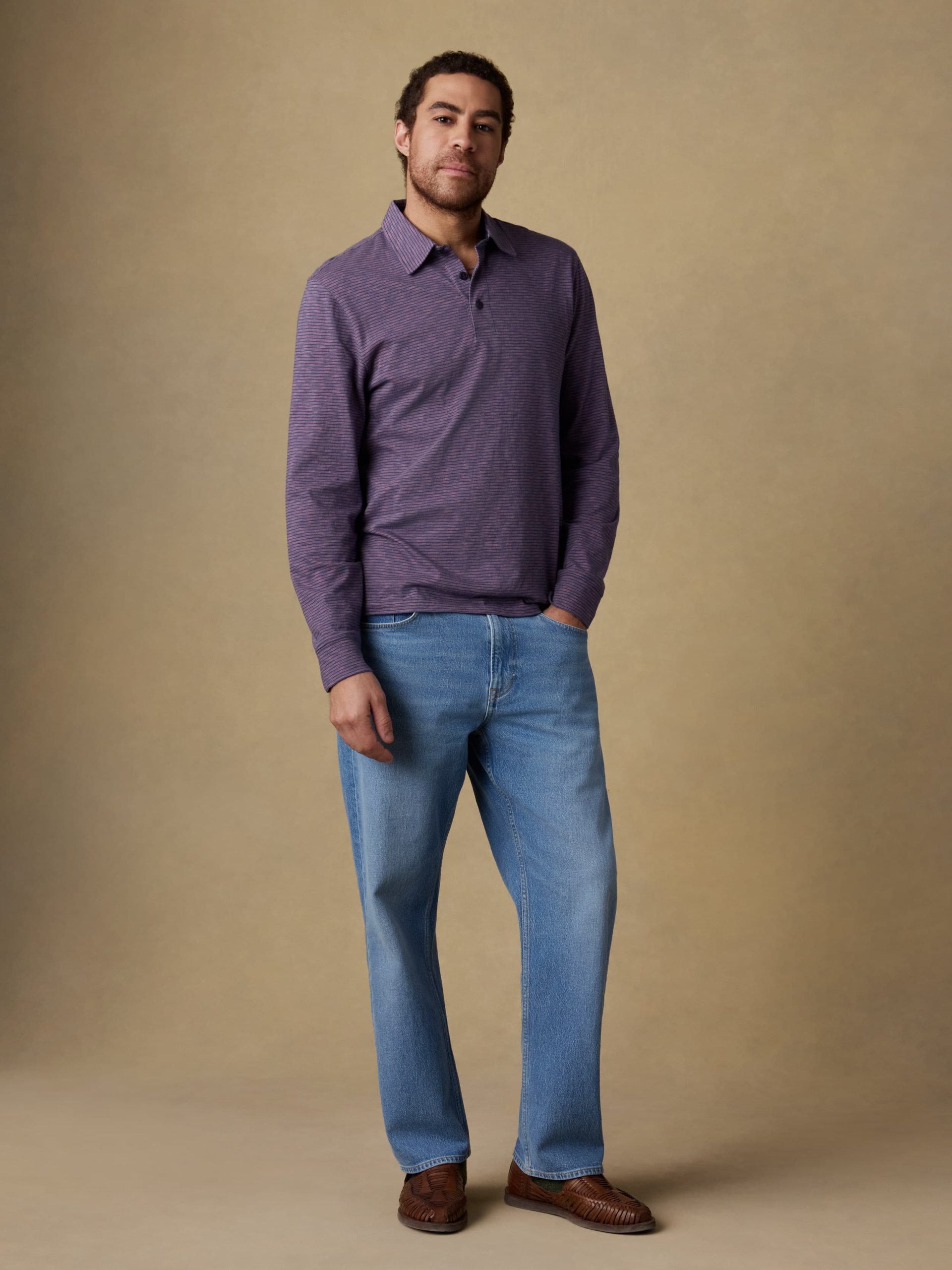 Long-Sleeve Sunwashed T-Shirt Polo - Dune Stripe Nightfall - Image 2