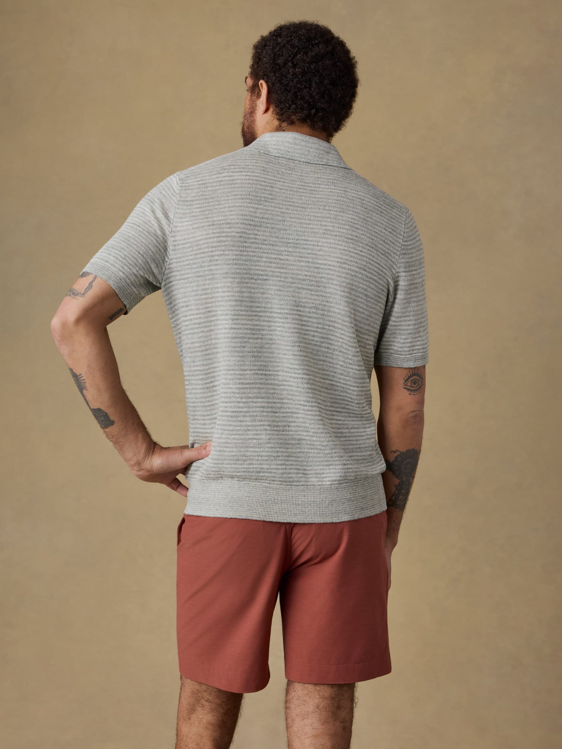 Short-Sleeve Linen Sweater Polo - Beach Tree Stripe - Image 3