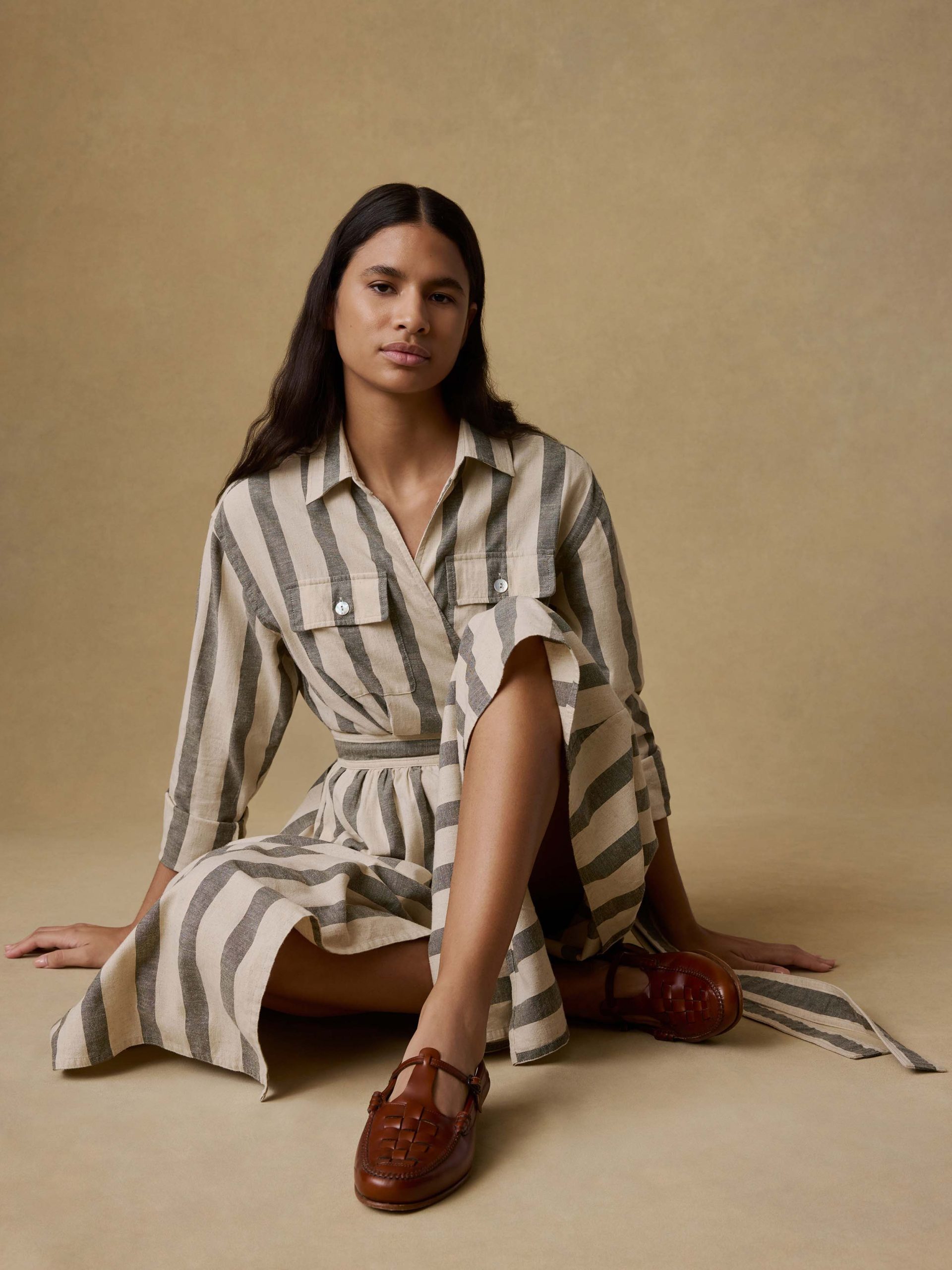 Cotton Linen Julia Wrap Dress - Pine Bay Stripe - Image 2