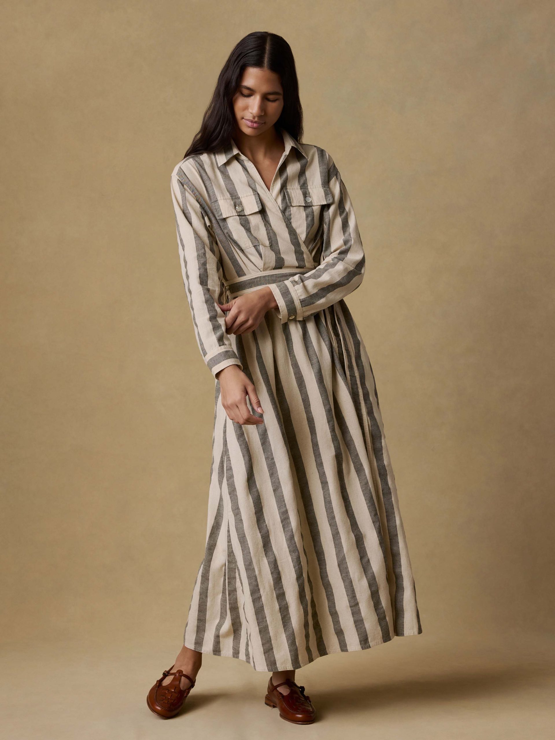 Cotton Linen Julia Wrap Dress - Pine Bay Stripe - Image 3