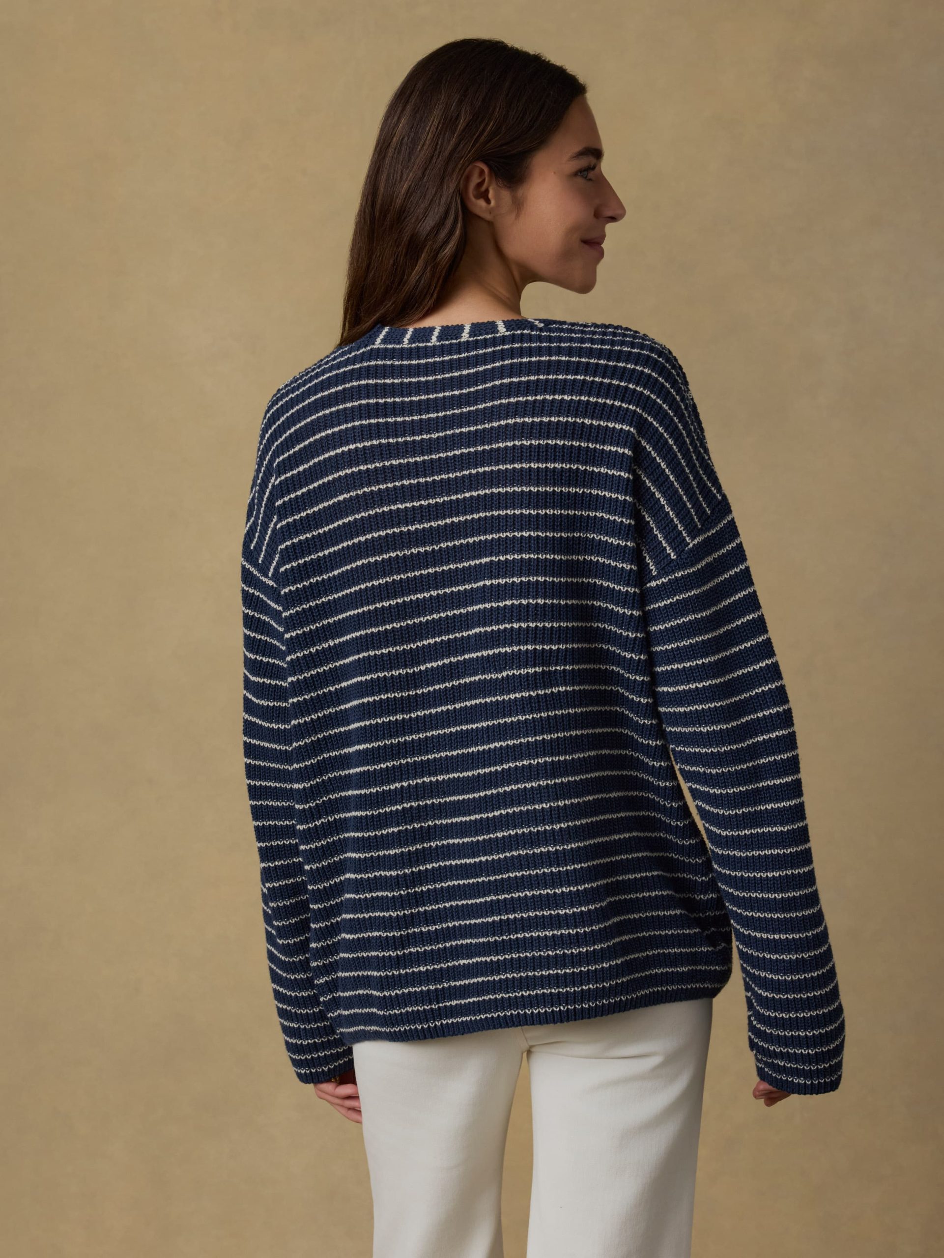 Miramar Linen Deep V-Neck Sweater - Navy Stripe - Image 4