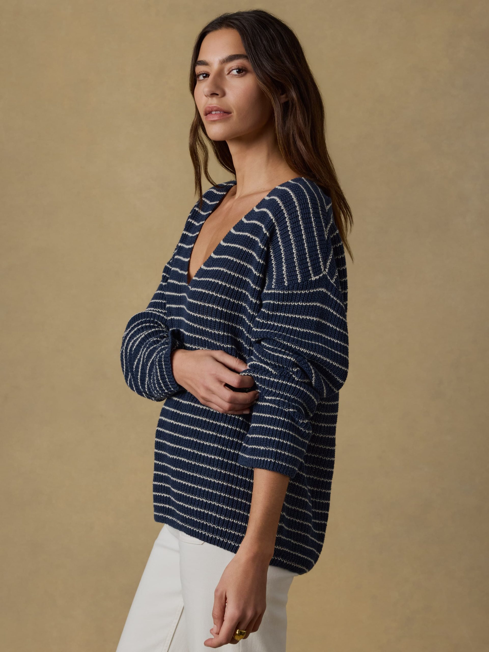 Miramar Linen Deep V-Neck Sweater - Navy Stripe - Image 2