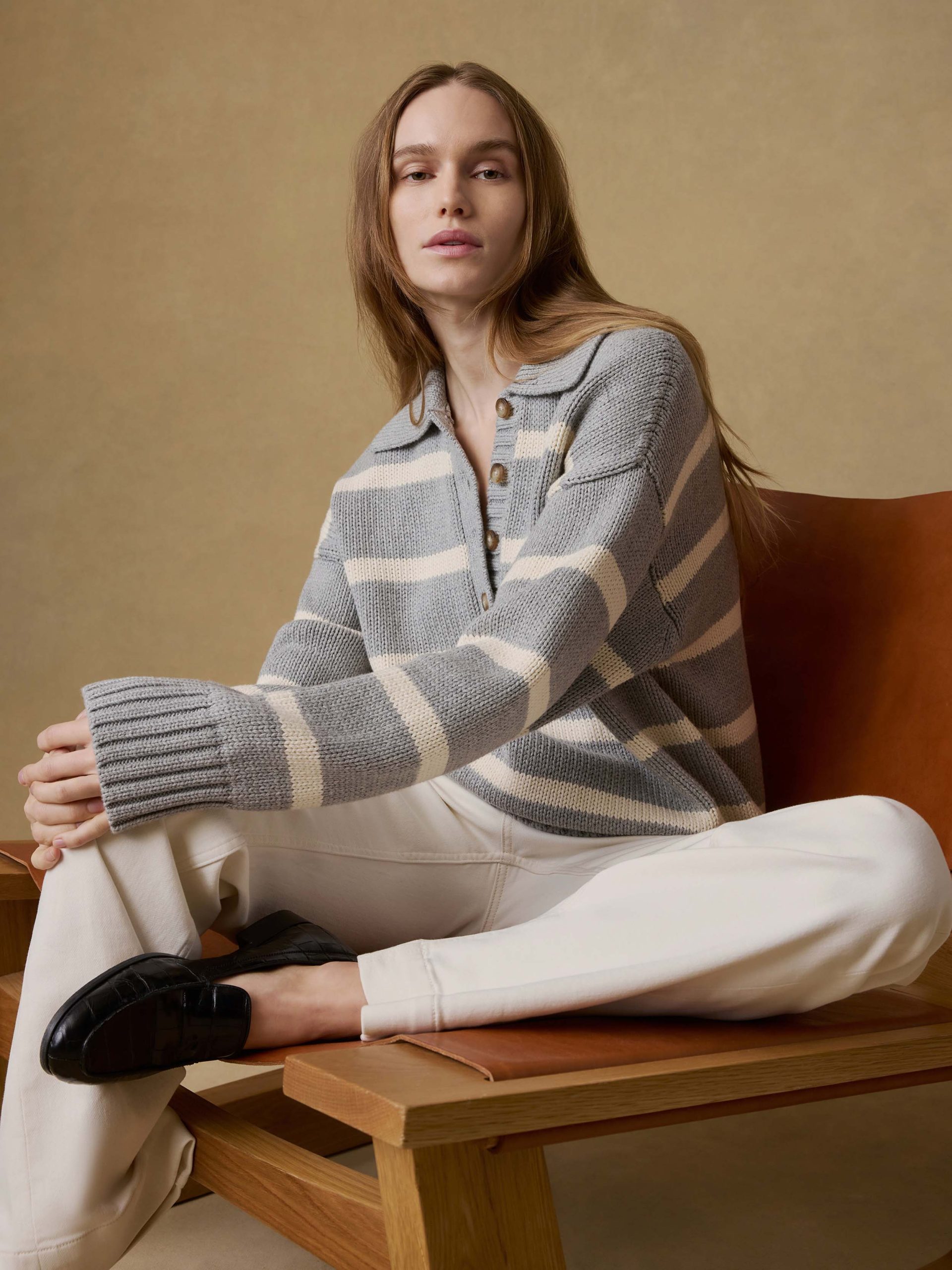 Sunwashed Cotton Polo Sweater - Grey Heather Stripe - Image 2