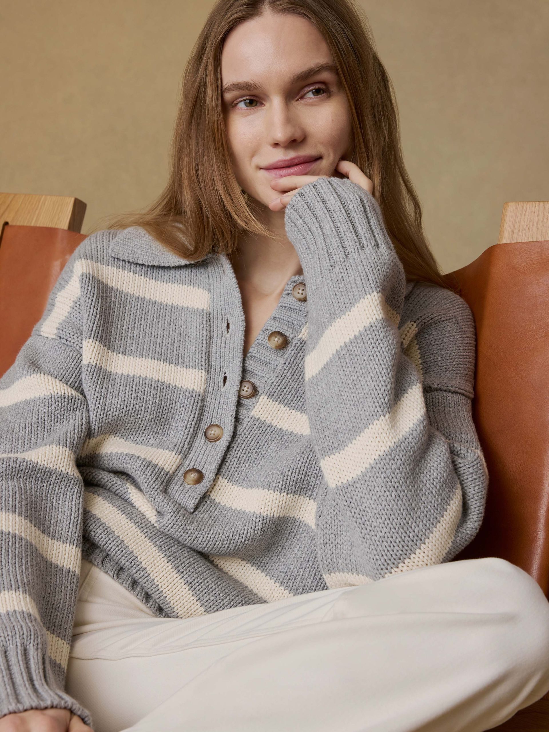 Sunwashed Cotton Polo Sweater - Grey Heather Stripe - Image 6
